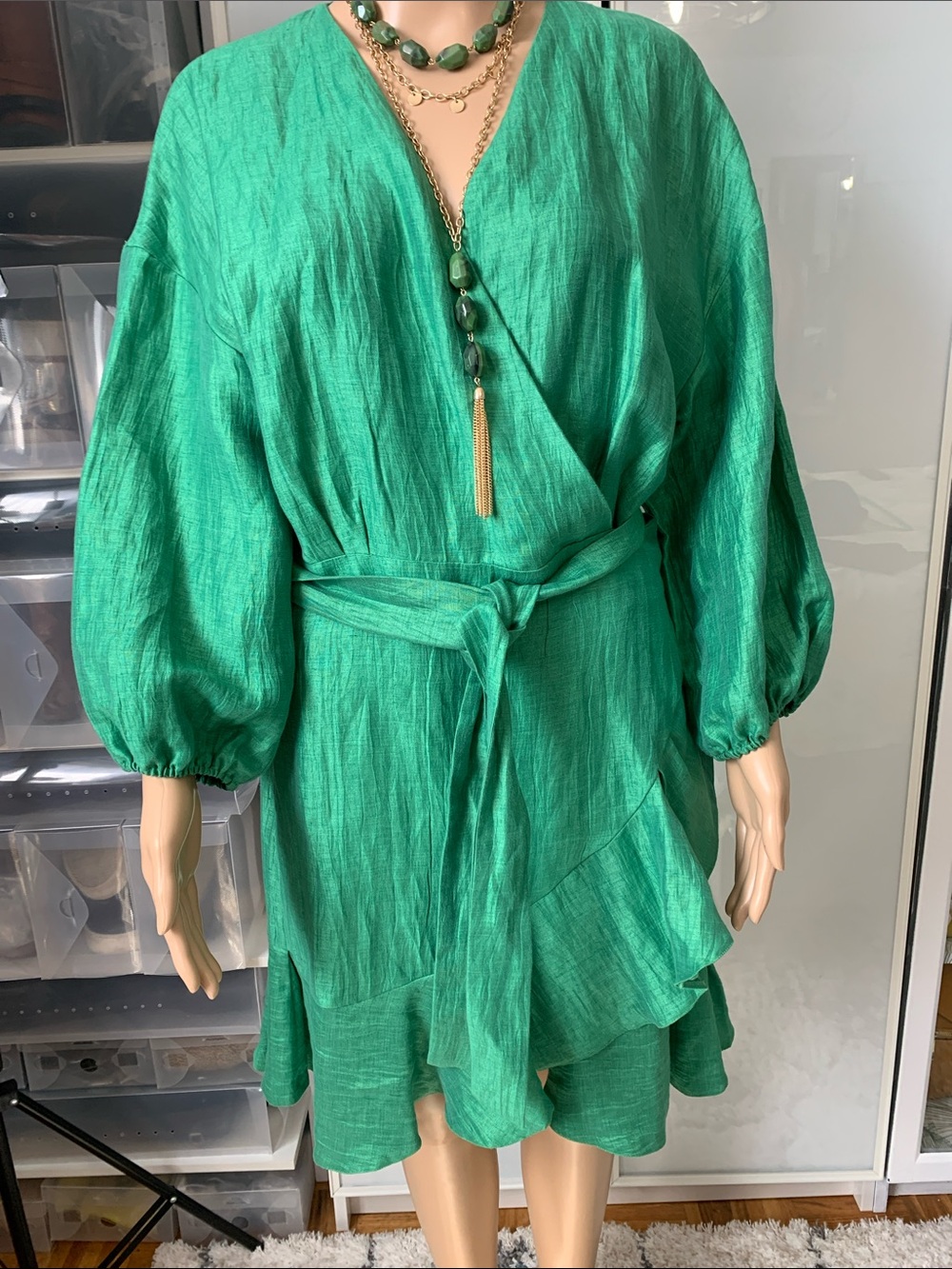 Maje Emerald Green Wrap Dress with Puffed Sleeve